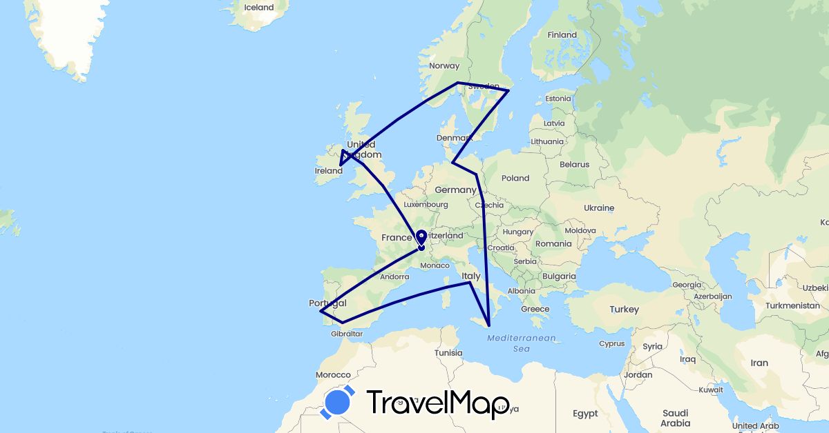 TravelMap itinerary: driving in Czech Republic, Germany, Denmark, Spain, France, United Kingdom, Ireland, Italy, Norway, Portugal, Sweden (Europe)